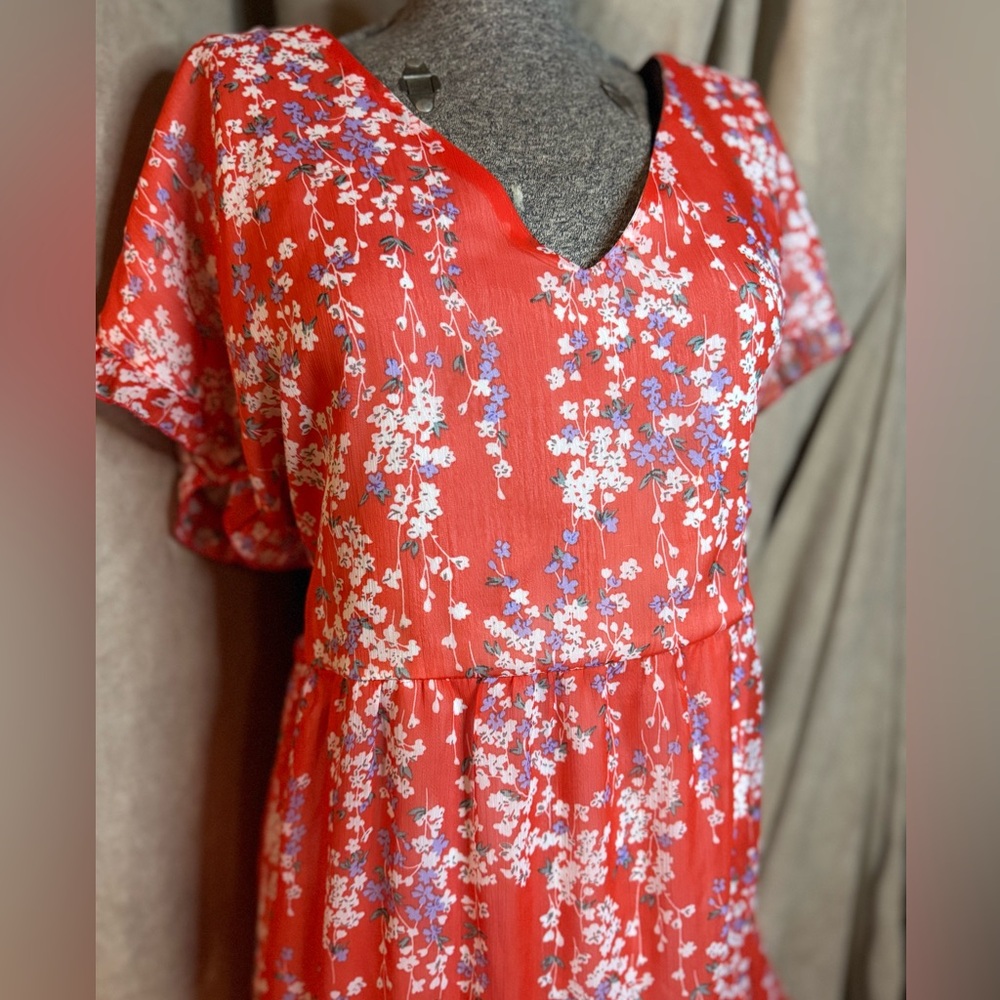 C+D+M Collection Peasant Style Blood Orange Floral Dress with V-Neck Size L